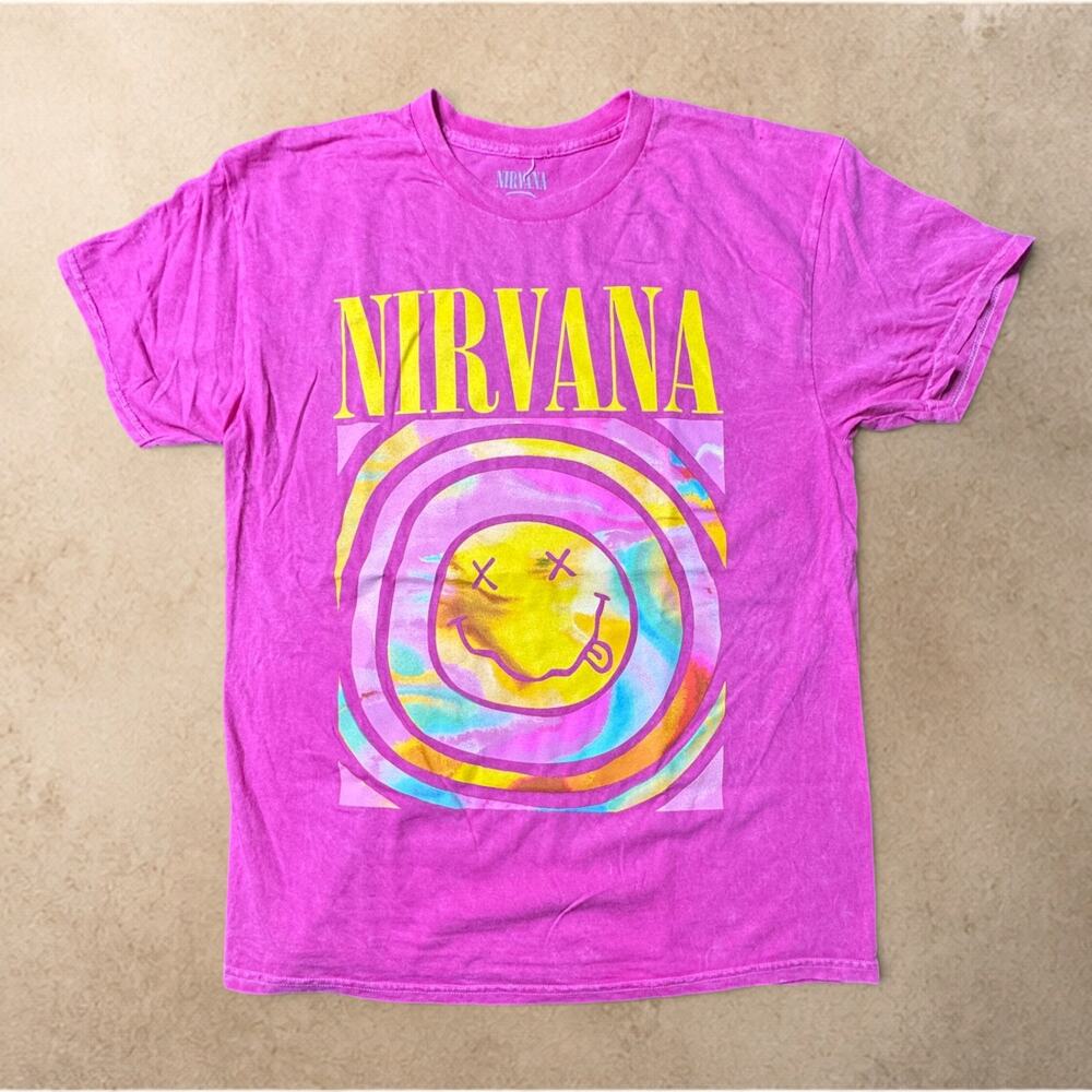 Nirvana Smiley Face Tie Dye Graphic Band T Shirt Pink Yellow Adult Large